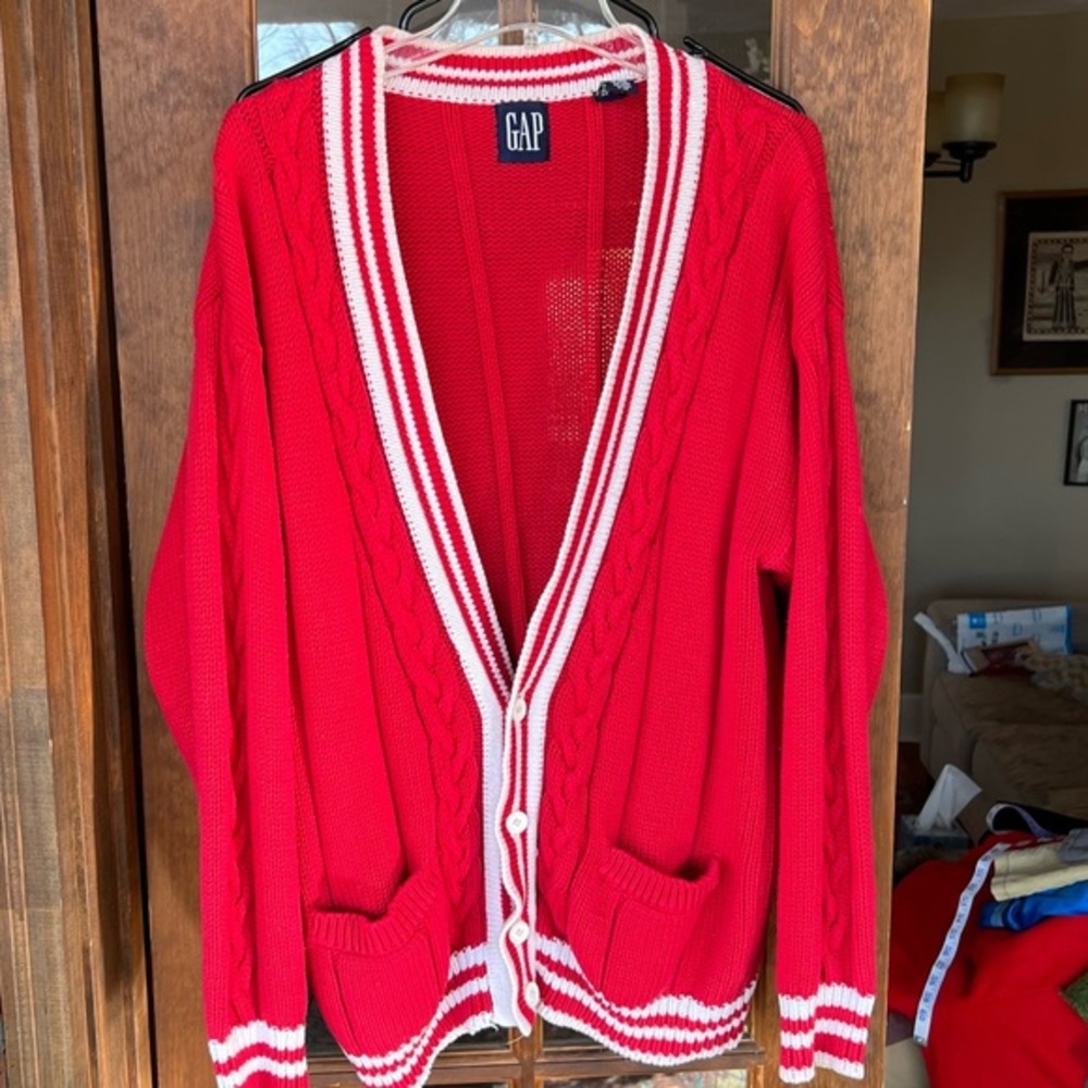 VINTAGE Y2K Gap cotton shaker knit cardi red w whit stripe Oversize M/L